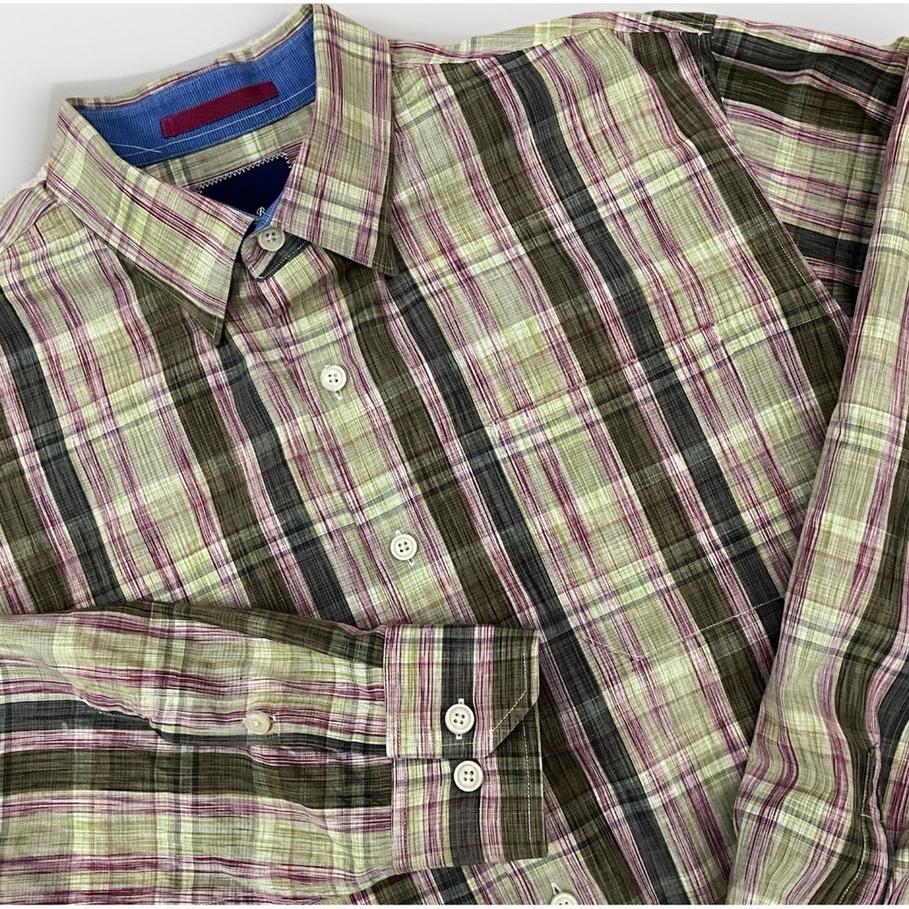 Tommy Bahama Long Sleeve Shirt Men Plaid Green Purple Sz L Cotton Button Down
